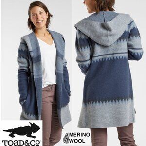 Toad & Co Merino Wool Merritt Hoodie Wrap Cardigan M Blue Grey